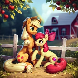 Size: 1024x1024 | Tagged: prompter needed, source needed, safe, imported from derpibooru, apple bloom, applejack, earth pony, pony, ai content, ai generated, apple, apple sisters, apple tree, duo, duo female, female, fence, food, siblings, sisters, smiling, sweet apple acres, tree