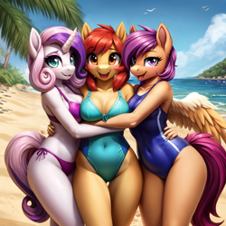 Size: 640x640 | Tagged: safe, imported from derpibooru, apple bloom, scootaloo, sweetie belle, anthro, earth pony, pegasus, unicorn, ai content, ai generated, beach, bikini, breasts, clothes, cute, cutie mark crusaders, female, group hug, happy, horn, hug, older, older apple bloom, older cmc, older scootaloo, older sweetie belle, one-piece swimsuit, palm tree, prompter:dordrago, smiling, swimsuit, tree, trio, water, wings