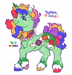 Size: 1813x1915 | Tagged: safe, artist:cocopudu, imported from derpibooru, oc, oc only, oc:toybox trinket, pony, unicorn, blue eyes, blue text, body freckles, bow, bowtie, coat markings, collar, color palette, colored eartips, colored horn, concave belly, coronet (coat marking), curly mane, curly tail, eyelashes, freckles, g2, g2 oc, green coat, hooves, horn, long mane, long tail, looking back, male, mint coat, mismatched hooves, multicolored hooves, multicolored mane, multicolored tail, neck bow, profile, purple bow, rainbow text, raised hoof, shoulder freckles, signature, simple background, smiling, solo, stallion, standing, starry eyes, tail, tail bow, text, unicorn horn, unicorn oc, unshorn fetlocks, white background, wingding eyes