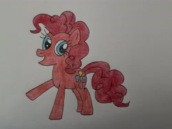 Size: 4032x3024 | Tagged: safe, artist:madisondraws32, imported from derpibooru, pinkie pie, earth pony, pony, colored pencil drawing, cute, diapinkes, female, mare, official, open mouth, open smile, raised leg, simple background, smiling, solo, traditional art, white background
