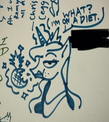Size: 1726x1917 | Tagged: safe, artist:bixels, imported from derpibooru, princess luna, alicorn, pony, bust, dialogue, doodle, eating, food, levitation, magic, marker drawing, pineapple, puffy cheeks, solo, talking to viewer, telekinesis, traditional art