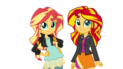 Size: 2560x1440 | Tagged: safe, artist:qbert2kcat, imported from derpibooru, sunset shimmer, human, equestria girls, clothes, dress, female, jacket, looking at you, shirt, simple background, skirt, smiling, white background