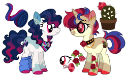 Size: 1878x1124 | Tagged: safe, artist:strawberry-spritz, imported from derpibooru, oc, oc only, earth pony, pony, unicorn, clothes, ear piercing, earring, female, half-siblings, horn, jewelry, leg warmers, magical lesbian spawn, mare, offspring, parent:bon bon, parent:roseluck, parent:vinyl scratch, parents:bonascratch, piercing, simple background, sunglasses, transparent background