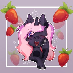 Size: 1600x1600 | Tagged: safe, artist:artsypaws, derpibooru exclusive, imported from derpibooru, oc, oc only, oc:artsypaws, pony, unicorn, crown, curved horn, ear fluff, female, food, glasses, heart, hooves, horn, jewelry, looking at you, mare, open mouth, profile picture, raised hoof, regalia, round glasses, shiny hooves, smiling, smiling at you, solo, stars, strawberry, tongue out, uvula