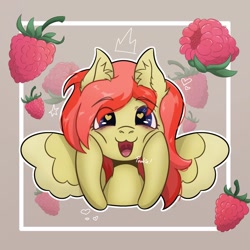 Size: 1600x1600 | Tagged: safe, artist:artsypaws, derpibooru exclusive, imported from derpibooru, oc, oc only, oc:jay mihay, pony, crown, ear fluff, heart, hooves, jewelry, looking at you, male, male oc, open mouth, profile picture, raised hoof, raspberry, regalia, smiling, smiling at you, solo, spread wings, stallion, stars, tongue out, uvula, wings