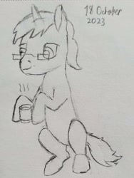 Size: 1644x2192 | Tagged: safe, artist:mannitenerisunt, derpibooru exclusive, imported from derpibooru, oc, oc only, oc:algorithm, pony, unicorn, 2023, cup, drink, ears up, glasses, horn, hot drink, male, monochrome, pencil drawing, sitting, sketch, smiling, solo, stallion, tail, traditional art, unicorn oc