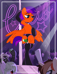 Size: 3893x5001 | Tagged: safe, alternate version, artist:seurnik, artist:zakypo, imported from derpibooru, oc, oc only, oc:jade harmony, earth pony, pegasus, pony, semi-anthro, unicorn, alternate character, bedroom eyes, bipedal, bisexual, choker, clothes, club, collar, commission, female, garter belt, horn, latex, latex socks, lesbian, male, mare, money, panties, pole, pole dancing, socks, stage, stallion, stockings, straight, stripper pole, thigh highs, underwear, ych result