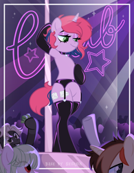 Size: 3893x5001 | Tagged: safe, alternate version, artist:seurnik, artist:zakypo, imported from derpibooru, oc, oc only, oc:lilac, earth pony, pegasus, pony, semi-anthro, unicorn, alternate character, bedroom eyes, bipedal, bisexual, choker, clothes, club, collar, commission, ear piercing, earring, female, garter belt, horn, jewelry, latex, latex socks, lesbian, male, mare, money, panties, piercing, pole, pole dancing, socks, stage, stallion, stockings, straight, stripper pole, thigh highs, underwear, ych result