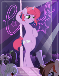 Size: 3893x5001 | Tagged: safe, alternate version, artist:seurnik, artist:zakypo, derpibooru exclusive, imported from derpibooru, oc, oc only, oc:lilac, earth pony, pegasus, pony, semi-anthro, unicorn, alternate character, bedroom eyes, bipedal, bisexual, club, commission, ear piercing, earring, female, horn, jewelry, lesbian, male, mare, money, piercing, pole, pole dancing, stage, stallion, straight, stripper pole, ych result