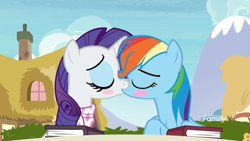 Size: 1920x1080 | Tagged: safe, edit, edited screencap, imported from derpibooru, screencap, rainbow dash, rarity, pegasus, unicorn, the end in friend, blushing, book, duo, duo female, eyes closed, female, horn, kiss edit, kissing, lesbian, ponyville, raridash, shipping