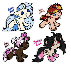 Size: 2528x2364 | Tagged: safe, artist:sexygoatgod, imported from derpibooru, oc, oc only, oc:bubble blast, oc:coco kiss, oc:fire optics, oc:pixelated love, pony, unicorn, adoptable, chibi, clothes, female, horn, mare, simple background, socks, stockings, thigh highs, transparent background, unshorn fetlocks