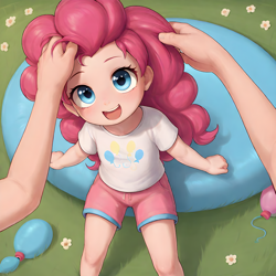 Size: 1024x1024 | Tagged: safe, imported from twibooru, pinkie pie, human, ai content, ai generated, child, clothes, cute, headpats, humanized, image, outdoors, petting, png, shirt, shorts, sitting, smiling, t-shirt, underage