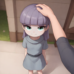 Size: 1536x1536 | Tagged: safe, imported from twibooru, maud pie, human, ai content, ai generated, child, clothes, cute, dress, headpats, humanized, image, outdoors, petting, png, smiling, underage