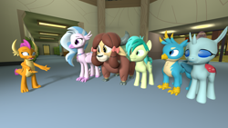 Size: 2048x1152 | Tagged: safe, artist:gaelgaming1, imported from derpibooru, gallus, ocellus, sandbar, silverstream, smolder, yona, changedling, changeling, classical hippogriff, dragon, earth pony, griffon, hippogriff, yak, 3d, canterlot high, dragoness, female, male, source filmmaker, student six
