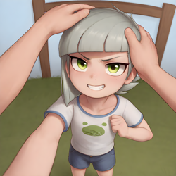 Size: 1536x1536 | Tagged: safe, imported from twibooru, limestone pie, human, ai content, ai generated, child, clothes, cute, grin, headpats, humanized, image, outdoors, petting, png, shirt, shorts, sitting, smiling, t-shirt, underage