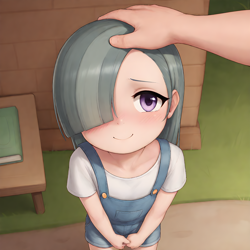 Size: 1536x1536 | Tagged: safe, imported from twibooru, marble pie, human, ai content, ai generated, child, clothes, cute, grin, headpats, humanized, image, outdoors, overalls, petting, png, shirt, sitting, smiling, t-shirt, underage