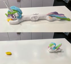 Size: 2000x1799 | Tagged: safe, artist:allegrenix, imported from derpibooru, princess celestia, alicorn, pony, chibi, comic, food, irl, lemon, lemon meme, long, long pony, meme, photo, plushie, solo, tongue out