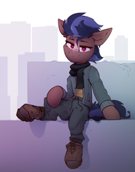 Size: 1500x1900 | Tagged: safe, artist:deafjaeger, imported from derpibooru, oc, oc only, oc:arcane phantine, earth pony, pony, boots, clothes, female, jacket, looking at you, mare, pants, scarf, shoes, sitting, smiling, smiling at you, solo