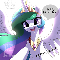 Size: 2000x2000 | Tagged: safe, artist:theuser, imported from derpibooru, princess celestia, alicorn, pony, cute, cutelestia, female, from below, looking at you, mare, open mouth, open smile, smiling, solo, spread wings, wings