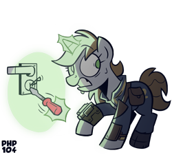 Size: 1447x1300 | Tagged: safe, artist:php104, imported from derpibooru, oc, oc only, oc:littlepip, pony, unicorn, fallout equestria, armor, clothes, eyebrows, eyebrows visible through hair, frown, glowing, glowing horn, horn, jumpsuit, lockpicking, magic, magic aura, pipbuck, raised hoof, scared, signature, simple background, solo, sweat, teeth, telekinesis, transparent background, unicorn oc, vault suit