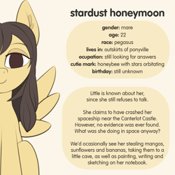 Size: 1200x1200 | Tagged: safe, imported from derpibooru, oc, oc only, oc:stardust honeymoon, pegasus, pony, bio, english, female, implied canterlot, mare, reference sheet, simple background, solo, spread wings, text, white background, wings