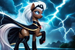 Size: 1920x1280 | Tagged: safe, imported from derpibooru, earth pony, pony, ai content, ai generated, butt, cutie mark, female, females only, glowing, glowing eyes, mare, marvel, plot, ponified, prompter:cunningstuntda, solo, storm (marvel), thunderstorm, x-men