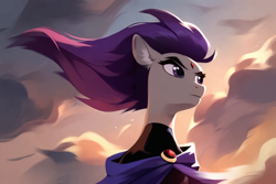 Size: 1920x1280 | Tagged: safe, imported from derpibooru, earth pony, pony, ai content, ai generated, bust, dc comics, female, females only, mare, ponified, portrait, prompter:cunningstuntda, raven (dc comics), sky, solo, teen titans