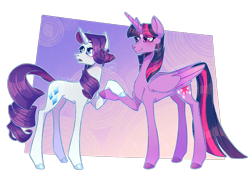 Size: 2000x1500 | Tagged: safe, artist:dawnsummers101, imported from derpibooru, rarity, twilight sparkle, alicorn, pony, unicorn, blushing, concave belly, cutie mark, duo, duo female, female, females only, holding hooves, horn, lesbian, long legs, mare, rarilight, shipping, signature, slender, thin, twilight sparkle (alicorn), wings