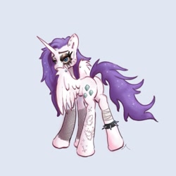 Size: 1151x1151 | Tagged: safe, artist:tuskonline, imported from derpibooru, rarity, alicorn, pony, alicornified, anklet, bandage, bandaged leg, butt, clothes, cutie mark, ear piercing, female, fishnet clothing, fishnets, jewelry, leg tattoo, looking at you, looking back, looking back at you, makeup, mare, piercing, plot, purple mane, purple tail, race swap, raricorn, running makeup, simple background, socks, solo, sparkly mane, sparkly tail, spiked anklet, spread wings, standing, stockings, tail, tattoo, thigh highs, white body, wing piercing, wings