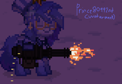 Size: 732x503 | Tagged: safe, imported from derpibooru, oc, oc only, oc:prince, unicorn, ashes town, blue eyes, blue mane, clothes, digital art, dress, fire, firing, glasses, gun, hat, horn, minigun, pixel art, solo, top hat, weapon