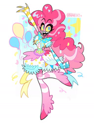 Size: 1080x1413 | Tagged: safe, artist:budweiset, imported from derpibooru, pinkie pie, anthro, unguligrade anthro, :d, bowtie, clothes, colored pupils, colored sclera, confetti, confetti in hair, cutie mark, cutie mark background, demonized, dress, evening gloves, female, gloves, hellaverse, leg stripes, long gloves, magenta pupils, mismatched gloves, open mouth, open smile, passepartout, raised leg, sharp teeth, simple background, smiling, solo, stripes, teeth, thick eyelashes, white background, yellow sclera
