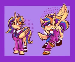 Size: 1800x1500 | Tagged: safe, artist:sarpiza_, imported from derpibooru, oc, oc only, alicorn, pony, alicorn oc, brother and sister, clothes, colt, duo, duo male and female, female, filly, foal, fraternal twins, horn, long sleeved shirt, long sleeves, male, offspring, one wing out, parent:flash sentry, parent:twilight sparkle, parents:flashlight, passepartout, purple background, shirt, siblings, simple background, twins, wings