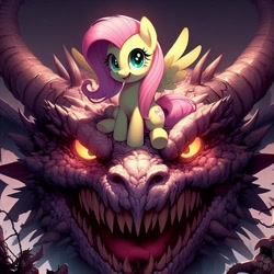 Size: 1024x1024 | Tagged: safe, imported from derpibooru, fluttershy, dragon, pegasus, ai content, ai generated, cute, female, generator:dall-e 3, glowing, glowing eyes, horns, mare, prompter:doomguy397, scary, shyabetes, sitting, spread wings, wings