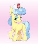 Size: 2033x2342 | Tagged: safe, artist:aquaticvibes, imported from derpibooru, nurse coldheart, nurse snowheart, earth pony, pony, female, gradient background, high res, mare, raised hoof, solo