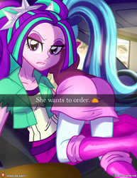Size: 1500x1942 | Tagged: safe, artist:dieart77, imported from derpibooru, aria blaze, sonata dusk, human, equestria girls, 2d, ass, boots, butt, car, car interior, clothes, duo, eyeshadow, female, he wants to order, legs, makeup, meme, pants, patreon, patreon logo, pigtails, ponytail, selfie, shirt, shoes, skirt, sonata donk, twintails, unamused, vest