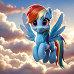 Size: 1440x1440 | Tagged: prompter needed, safe, imported from derpibooru, rainbow dash, pegasus, pony, 3d, ai content, ai generated, cloud, cute, detailed, flying, looking at you, purple eyes, sky, smiling, solo, sunlight, uncanny valley, wings
