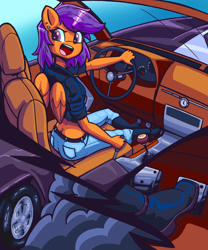 Size: 3500x4200 | Tagged: safe, artist:shadowhawx, imported from derpibooru, scootaloo, anthro, pegasus, ass, butt, buttcrack, car, clothes, denim, driving, female, high res, jeans, looking back, mare, older, older scootaloo, open mouth, open smile, pants, pedal, scootabutt, smiling, solo, steering wheel
