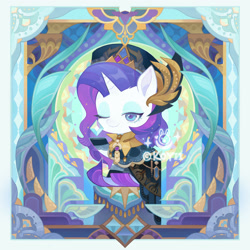 Size: 2209x2209 | Tagged: safe, artist:koyii-kong, imported from derpibooru, rarity, pony, unicorn, abstract background, cape, clothes, diamond, female, hat, high res, horn, lidded eyes, looking at you, mare, one eye closed, sitting, smiling, smiling at you, solo