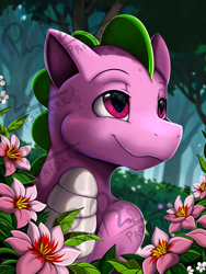 Size: 2400x3184 | Tagged: safe, artist:pridark, imported from derpibooru, spike (g1), dragon, cute, flower, forest background, g1, male, signature, smiling, solo