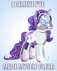 Size: 720x900 | Tagged: safe, artist:ivydapple, imported from derpibooru, rarity, pony, unicorn, caption, clear, cutie mark magic, female, horn, i've made myself clear, impact font, joke, mare, meme, meta, pun, reaction image, simple background, snow globe, snowglobe pony, solo, text, toy, transparent flesh, water cuties, white background