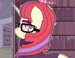 Size: 1348x1048 | Tagged: safe, artist:bluemoon, imported from derpibooru, moondancer, pony, unicorn, book, bookhorse, bookshelf, clothes, glasses, hairclip, horn, library, looking at you, messy mane, solo, sweater, thick eyebrows