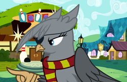 Size: 936x612 | Tagged: safe, artist:moonlightthegriffon, imported from derpibooru, oc, oc only, oc:moonlight(griffon), griffon, base used, bowling alley, clothes, eyepatch, fake screencap, griffon oc, pointing, ponyville, scarf, smiling, smirk, solo, striped scarf