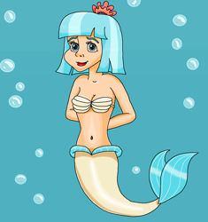 Size: 896x953 | Tagged: safe, artist:ocean lover, imported from derpibooru, coco pommel, human, mermaid, bashful, belly button, blue eyes, blue hair, bra, bubble, clothes, cocobetes, cute, fins, fish tail, flower, flower in hair, human coloration, humanized, innocent, light skin, lips, looking up, mermaid tail, mermaidized, mermay, midriff, ms paint, ocean, seashell, seashell bra, short hair, shy, species swap, tail, tail fin, two toned hair, underwater, underwear, water