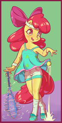 Size: 942x1876 | Tagged: safe, artist:stratodraw, imported from derpibooru, apple bloom, anthro, earth pony, unguligrade anthro, adorabloom, ball, clothes, cute, dress, female, filly, foal, freckles, headband, knee blush, shorts, socks, tennis ball, tennis racket, younger