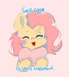 Size: 785x879 | Tagged: safe, artist:comfort_ponies, artist:skylinepony_, imported from derpibooru, fluttershy, pegasus, pony, cute, ear fluff, eyes closed, female, heart, open mouth, pink background, positive ponies, shyabetes, simple background, smiling, solo, text