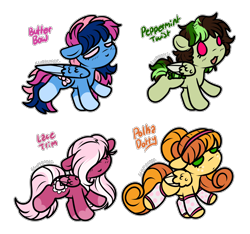 Size: 2528x2364 | Tagged: safe, artist:sexygoatgod, imported from derpibooru, oc, oc only, oc:butter bow, oc:lace trim, oc:peppermint twist, oc:polka dotty, pegasus, pony, adoptable, chibi, female, simple background, transparent background