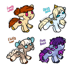 Size: 2528x2364 | Tagged: safe, artist:sexygoatgod, imported from derpibooru, oc, oc only, oc:daisy duke, oc:fluffy wool, oc:lovely wheat, oc:pony bead, earth pony, pony, adoptable, chibi, female, simple background, transparent background