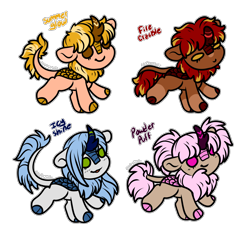 Size: 2528x2364 | Tagged: safe, artist:sexygoatgod, imported from derpibooru, oc, oc only, oc:fire crackle, oc:icy shine, oc:powder puff, oc:summer glow, kirin, pony, adoptable, chibi, female, simple background, transparent background