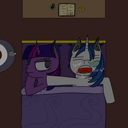 Size: 1500x1500 | Tagged: safe, artist:icycrymelon, imported from derpibooru, shining armor, twilight sparkle, pony, unicorn, annoyed, bed, book, brother and sister, cup, duo, duo male and female, female, horn, male, open mouth, siblings, sleeping, snoring