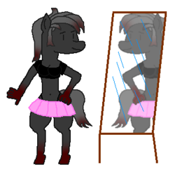 Size: 678x674 | Tagged: safe, artist:shrimpbucket, imported from derpibooru, oc, oc only, oc:blood stain, anthro, unguligrade anthro, belly button, clothes, hand on hip, mirror, pink skirt, shirt, skirt, smiling
